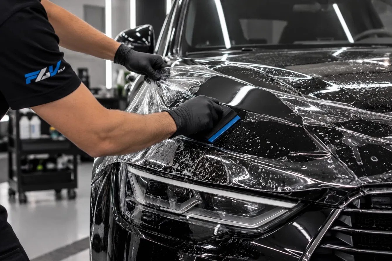 Técnico aplicando PPF no capô e farol do Audi